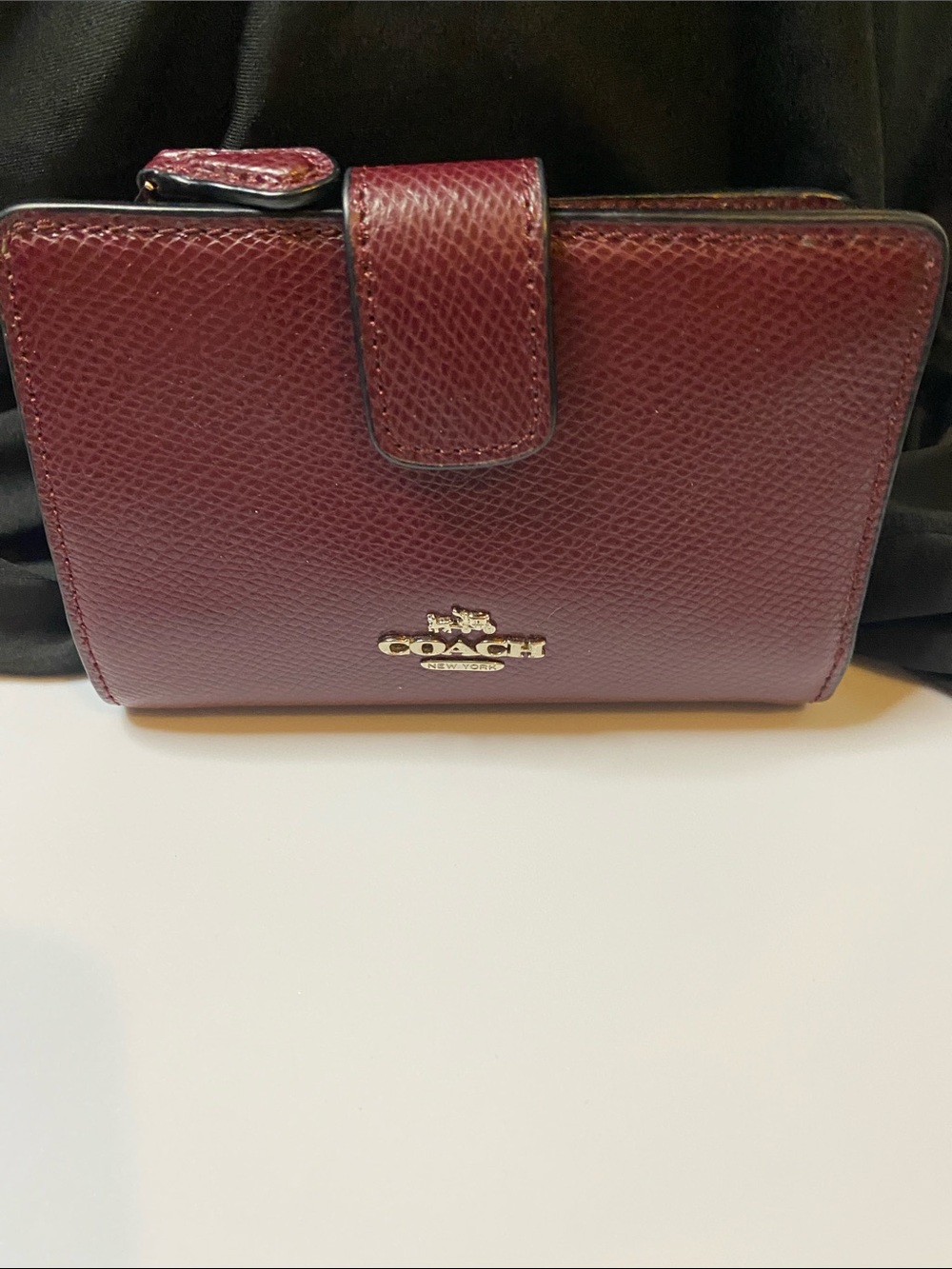 Coach Wine Red Textured Leather Wallet with Gold Logo